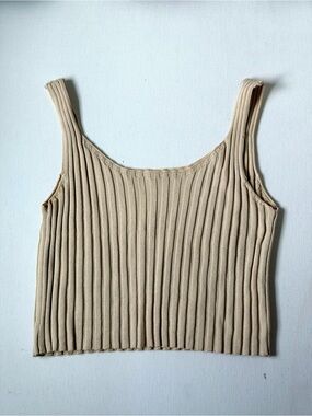 Ribbed Knit Tank Top in Beige - Women's Sleeveless Cropped Top
